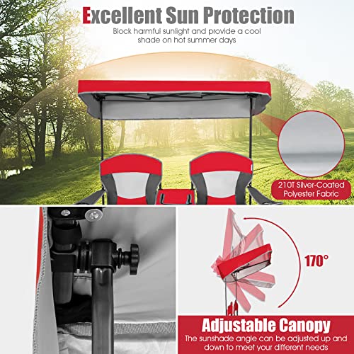 S Afstar Double Camping Chair W/Shade Canopy, 2-Person Folding Camp And Beach Chair With Mini Table Beverage Cup Holder Carrying Bag For Garden Patio Pool Beach, Red #TOP3