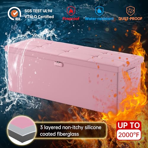 ENGPOW Storage Ottoman, Fireproof Folding Bench with Lock(15”x 43”x15”), Water-Resistant ＆ Heat Insulation Large Storage Chest with Handles＆2 Extra Spaces Safe for Living Room, Bedroom, Home, Pink by ENGPOW - Image 5