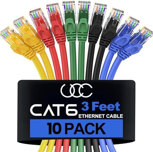 Ultra Clarity Cables Cat 6 Ethernet Cable 3 Feet, 10 Pack, 5 Colors