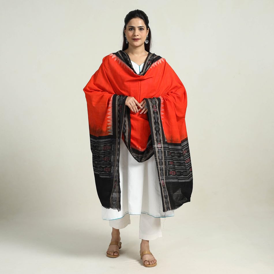 Image of Cotton Dupatta with weaving and Ikat woven border from the Weavers Stole for Girls & Women