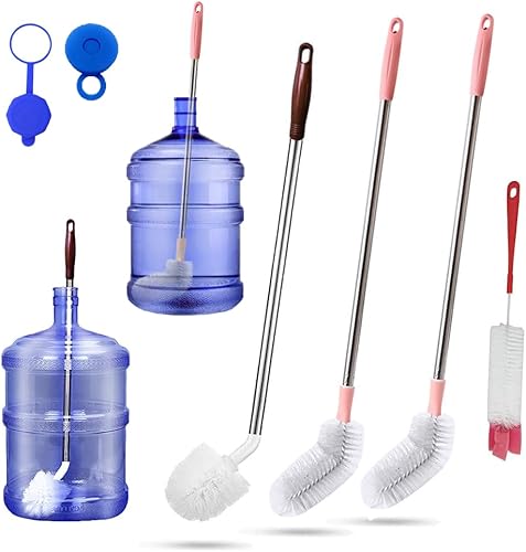 Cepillo para botellas, paquete de 3 cepillos de cubo de mango largo con 1 cepillo para botellas más pequeño y 2 tapas para jarra de agua, cerdas de