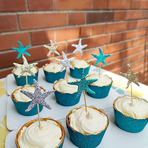Mybbshower Glitter Paper Starfish Confetti for Birthday Party Table Scatter Beach Theme Party Wedding Decorations DIY Crafts Pack of 150 (teal gold silver) - Image 7