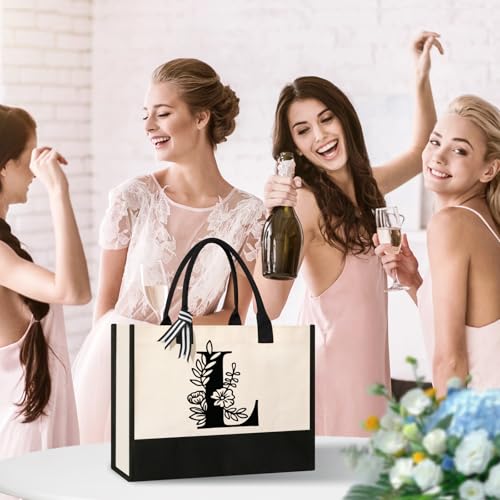 Image of Tecanne Personalized Initial Canvas Tote Bag, Suitable for Birthday, Wedding, Beach, Holiday, Gifts for Women, Mom, Teachers, Nurses, Best Friends, Bridesmaids (L)