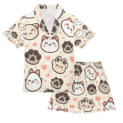 senya Cute Cat Paw Footprints Satin Summer Pajama Sets Silk Short Sleeve Button Down Sleepwear