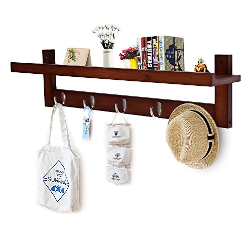 Wooden Hooks for Wall Coat Rack Shelf, Wall-Mounted Bamboo Hook Rack with Upper Shelf for Storage Scandinavian Style for Hallway Bathroom Living Room Bedroom (5 Hooks Brown)