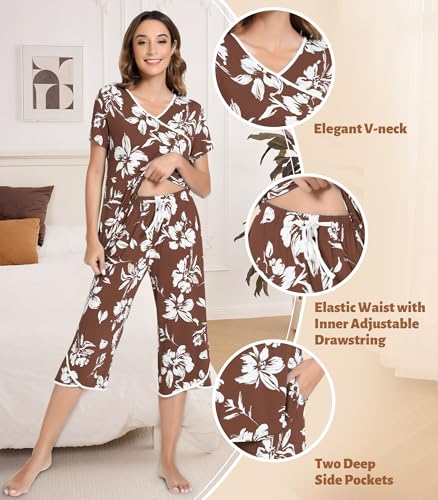 Image of NACHILA Bamboo Viscose Pajamas for Women Lace V Neck Capri Pants Pjs Set
