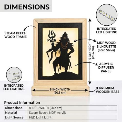 Image of Divine Shiva Backlit Table Lamp, Soothing Warm Backlight for Meditation, Durable MDF and Acrylic Construction, Includes Power Adapter, Natural, 8.25 inch (Sqr Shiva)