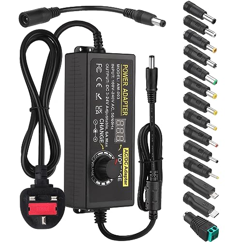 Universal Power Adapter 3V~24V 6A 144W DC Power Supply 3V 5V 6V 9V 12V 15V 16V 18V 19V 20V 24V Variable Power Supply 100V-240V AC to DC Converter with 14 Different Plugs & Polarity Converter