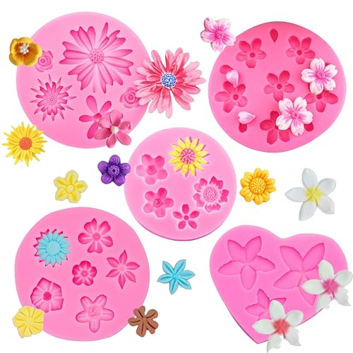 5Pcs Flower Molds Silicone Chocolate Mold Set Daisy Chrysanthemum Silicone Molds Small Flower Shapes Fondant Cake Molds Polymer Clay Resin Mold for Baking and Cake Cupcake Decorating (Pink)