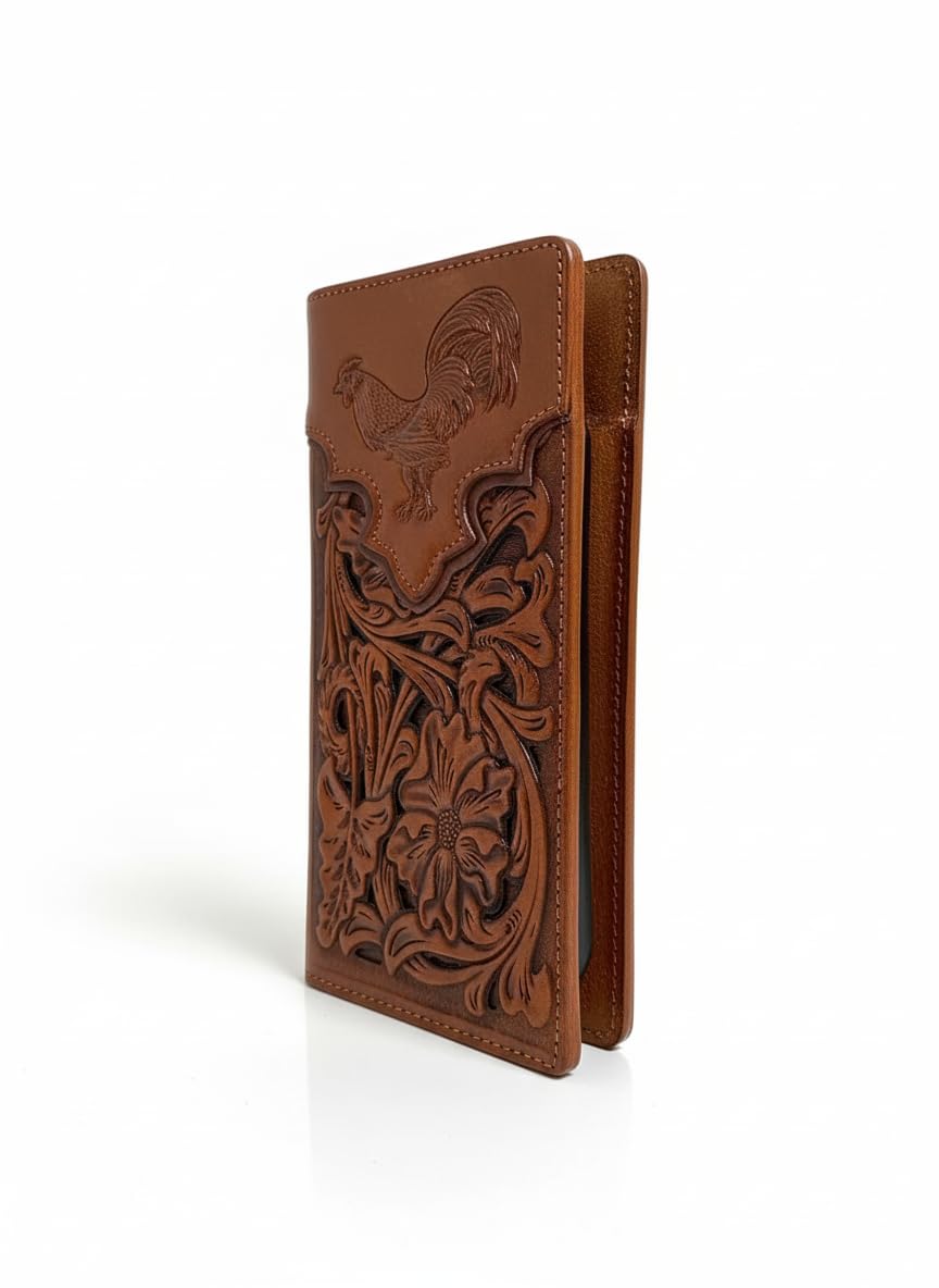 Western Stakes Long Leather Wallet – Embossed Rooster Design – Laser Cut Floral Pattern – Bi-Fold Western Wallet for Men – Ranch Style Rodeo Leather