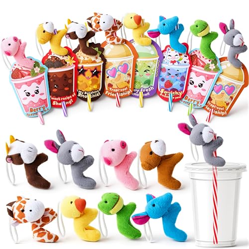 JOYIN 24 Pcs Valentine's Day Gifts Plush Toy & Straws with Cards, Mini Plush Finger Puppets to Hold Straw & Drink Themed Cards, Valentines Day Card...
