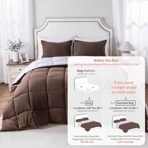 Image of KASENTEX King Comforter Set, Reversible, Goose Down Alternative, All Season | 250 GSM Fill, Ultra-Soft, Lightweight, Machine Washable, 1 Comforter + 2 Pillow Shams, Silver Cloud /Chocolate Brown