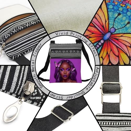 African American Messenger Bag Small Ethnic Pattern Printed Adjustable Strap Crossbody Zipper Pouch Purple Butterfly Phone Organizer Wallet Cute Shoulder Handbag for Black Women4