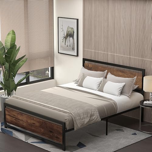 HOMCOM Cadre de lit Double en Acier avec sommier et tête de lit Compatible Matelas 200 x 160 cm Aspect Bois foncé