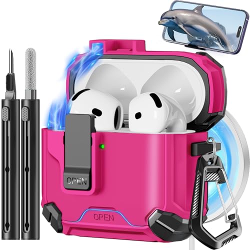 Image of Pohgelan Compatible with AirPods 4 Case (Rose red) | Magnetic Automatic Lock with Phone Stand & Cleaning Kit,Compatible with Magsafe