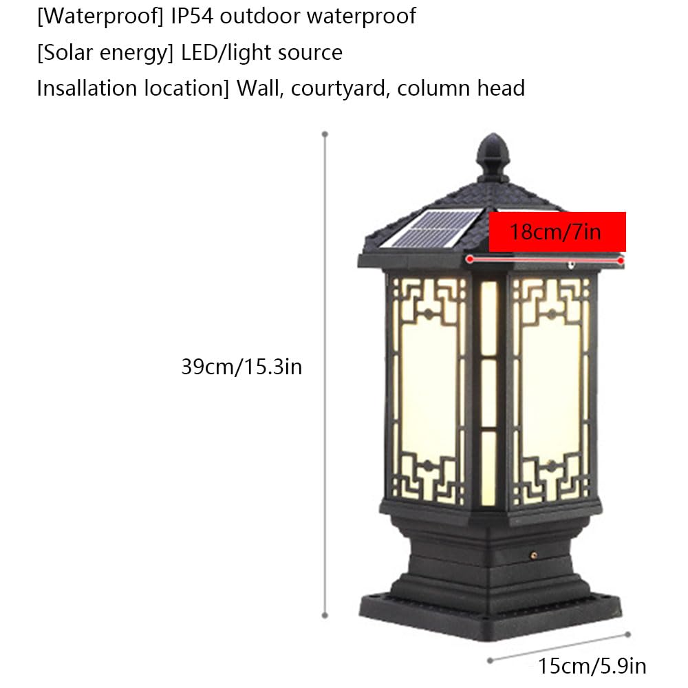 Zewnętrzna lampa solarna – aluminiowa lampa stojąca, latarnia zewnętrzna z podstawą montażową filaru 15 cm, oświetlenie zewnętrzne na werandzie, do ogrodu, na podwórko, patio