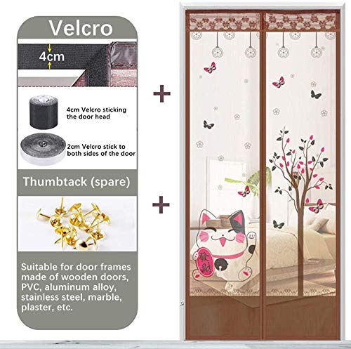 Marrón Lucky Cat Pattern Cortina Antimosquitos Puerta 90x200cm / 35x78inches Mosquiteras De Puertas Correderas para patios, pasillos, balcones, puertas correderas, sala de estar,Fácil de Montar sin T