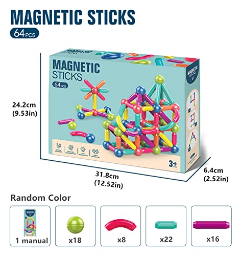 Magnetic Stick, Magnetic Balls And Rods Set, Building Sticks Blocks, Magnetic Blocks, Stem Stacking Magnetic Toys Magnet Educational Toys For Kids Boys And Girls (64 Pcs) #TOP4