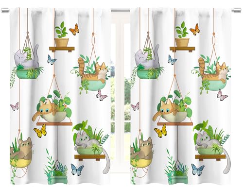 Kitchen Curtains Cat, Hanging Potted Plants Window Treatment Set - Bracket Plant Kitty Farmhouse...
