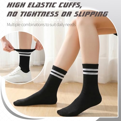 Image of Jspupifip 8 Pair Striped Athletic Crew Socks Running Socks for Men Women | Moisture-Wicking, Soft Stretchy Casual Mid Calf Socks Size 5-8, Breathable Casual Gym Socks