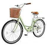 MOPHOTO Womens Bike – 7 Speed Step Through City Bicycle, 24/26 Inch Beach Cruiser Bike for Adults with Rattan Basket, Commuter & Leisure Riding