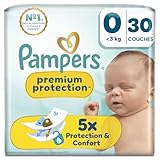 Pampers Premium Protection Taille 0, 30 Langes, 3kg, Notre N°1 Pour La Protection De La Peau Et Contre Les Fuites