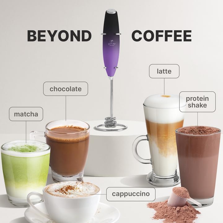 Image of Zulay Powerful Milk Frother for Coffee with Upgraded Titanium Motor - Handheld Electric Whisk, Milk Foamer, Mini Mixer & Coffee Blender for Frappe, Latte, Matcha, No Stand - Purple & Black
