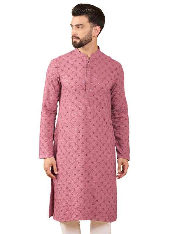 Image of Men's Solid Embroidered Long Straight Kurta | Men's Kurta | Embroidered Chikankari Kurta for Men | Straight Fit Kurta for Men
