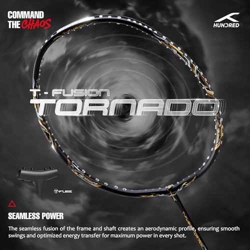Image of Hundred T-Fusion Tornado Badminton Racket with Full Cover | ≤32 lbs | Performance Racket | Sturdy Frame & Smooth Swing | Offensive Shots & Fast Game