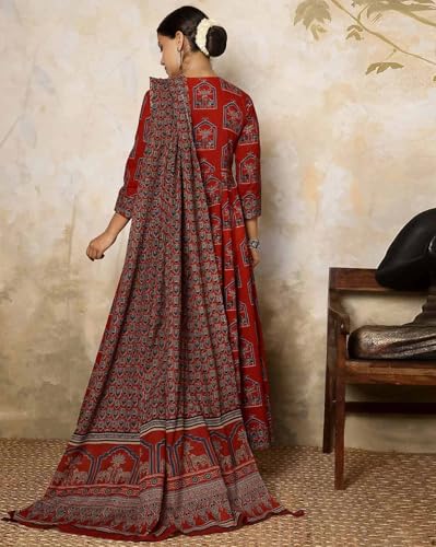 Image of PARTHVI|Women's Red Cotton Printed Flared Kurta with Cotton Pant and Printed Dupatta Sets