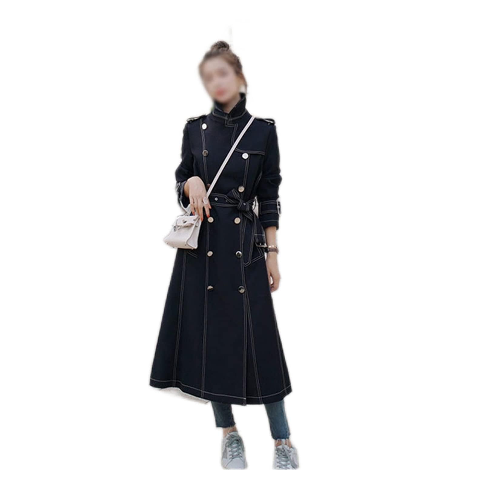 Black Long Women Trench Coat Spring Autumn Turn Down Collar Women Breasted With Belt Female Windbreaker