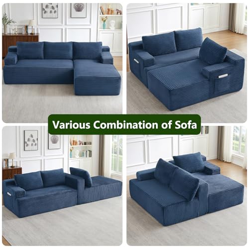 Image of 96 inch Modular Sectional Sofa, Modern Corduroy Cloud Couch with Side Pockets, Boneless Couch Upholstered 3-Seater L-Shaped Sofa for Living Room, No Assembly Required (Blue, Right-Facing Chaise)