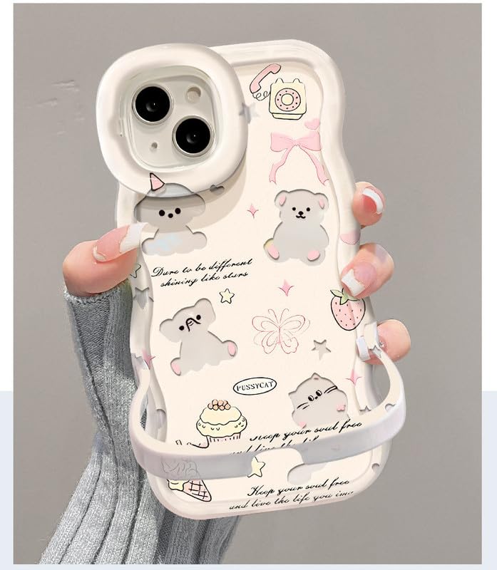 Image of COVERLY 3D Cute Creative Koala Bear Cartoon Teddy Candy Floral Decor Wave Curly Edge Invisible Double Phone Stand Holder Hard Bow Cat Cover Girly Charm Case for Apple iPhone 12 Pro (Pastel Pink)