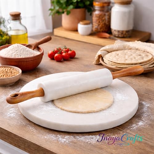 Image of Marble Chakla Belan Set, Non Stick Roti Maker Board with Rolling Pin with Wooden Handle, Durable Kitchen Tool, White, 10 Inch Board and 14 Inch Rolling Pin