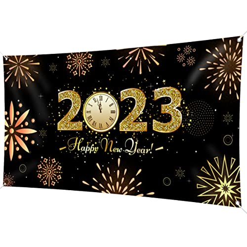 Toile de fond « Happy New Year » 200 x 110 cm - Grande taille - Bannière « Happy New Year » - Bannière noire et dorée - Décorations de fête pour le Nouvel An Cover