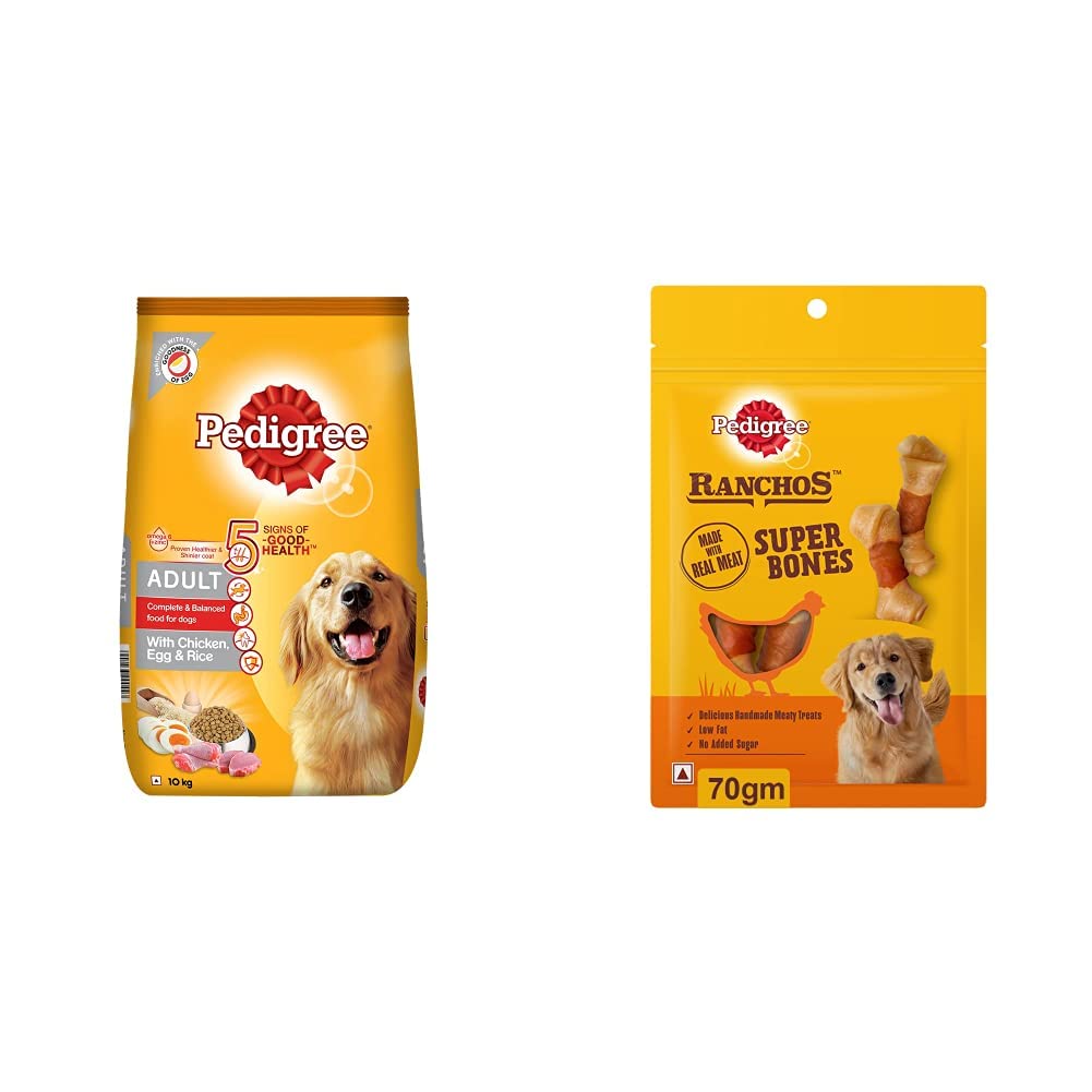 Pedigree Dry Food for Adult Dogs (High Protein Variant), Chicken, Egg & Rice Flavour, 10kg Pack&Pedigree RANCHOS Super Bones Treats for Dog, Chicken & Milk Flavour, 70g (B0BP57KMJX) Amazon Price History, Amazon Price Tracker