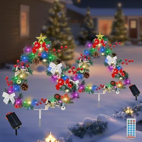 2 Pack Solar Christmas Tree Lights Outside Christmas Decorations 36.5 in 50LED Garden Decorations, 13 Modes Multi-Color Lights for Xmas Holidays Pathway Garden Yard Decor (Colored)