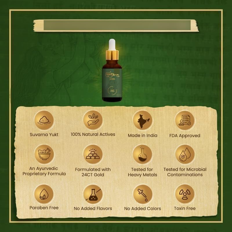 Swarnaprashan for Kids - Natural Formulated with Pure 24CT Gold | Healthy Growth | Golden Nectar | Improves Strength & Immunity Booster for Kids (0-16 Years) - 30ml