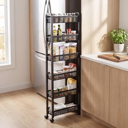 6 Tier Slim Rolling Storage Cart Narrow Kitchen Storage Cart Spice Rack Organizer with Wheels Space Saving Shelf for Living Room Laundry Room Bathroom Narrow Spaces