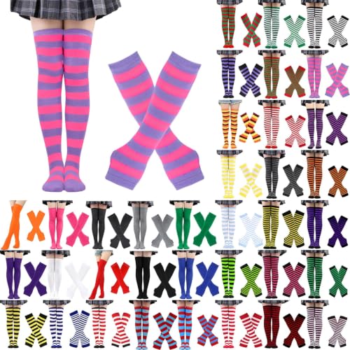 Women Striped Thigh High Socks and Fingerless Gloves Set Christmas Cosplay | Non-Slip Over Knee Stockings Classic Soft Stretchy Xmas Accessories for Holiday Party Daily Wear #01-Hot Pink One Size - image 1