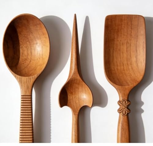 Handcrafted Wooden Spoon Set, Natural Wood Kitchen Utensils with Decorative Carved Details