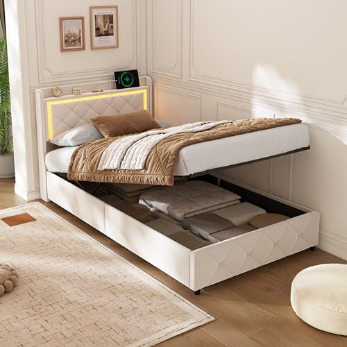 BRILVERDE letto 90x200 con Contenitore, Letto Singolo con luce LED/USB,