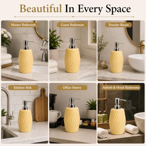 Image of Quace Ceramic Soap Dispenser for Bathroom & Kitchen Sink | Beige Liquid Soap Dispenser with Rust-Resistant Pump | Refillable Hand Wash Dispenser for Wash Basin, Vanity Counter & Home Decor