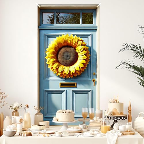 Image of Giant Sunflower Door Cover 35x71in Summer Bloom Blue
