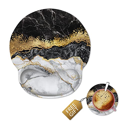 Ergonomic Mouse Pad with Gel Wrist Rest Support, Pain Relief Mouse pad with Lycra Cloth, Non-Slip PU Base for Gaming Computer, Home Cute Coaster - Golden Abstract