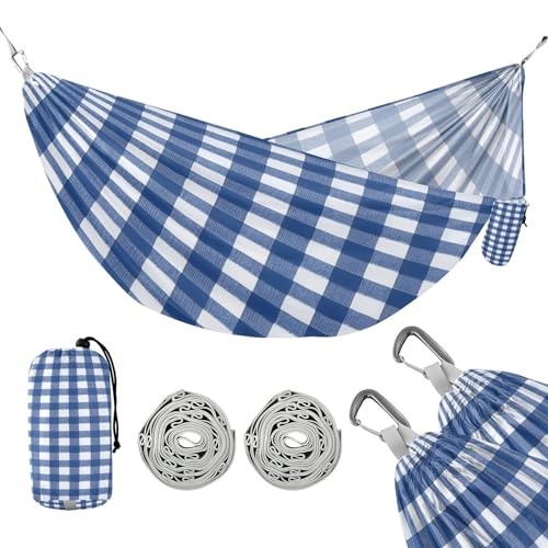 ATTX Blue & White Gingham Camping Hammock - Lightweight & Portable Hammocks, Heavy Duty 330lbs Capacity for Indoor, Hiking, Backpacking, Travel, Backyard, Beach#225