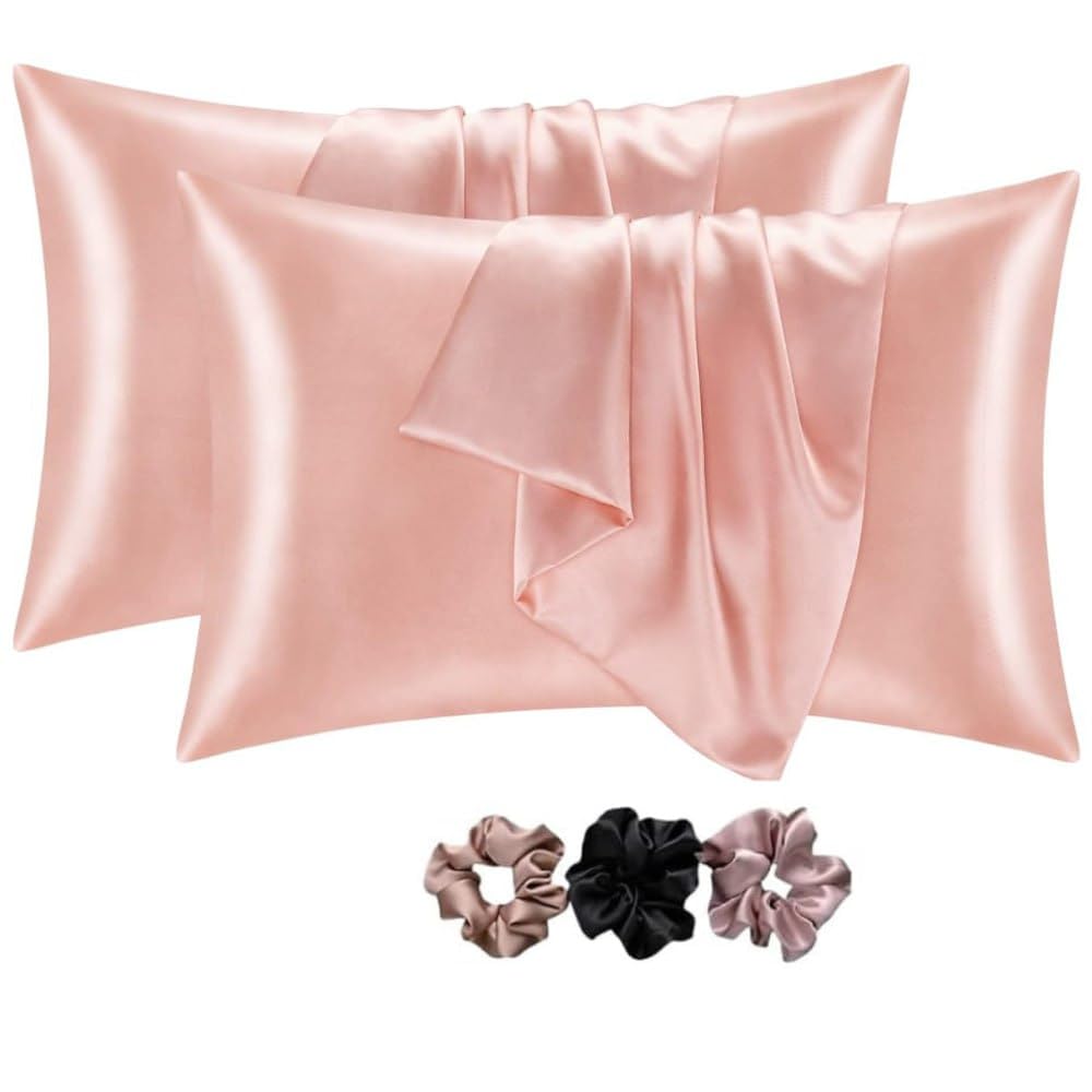Go well Satin Silk Pillow Covers Pack of 2 for Hair and Skin-with Satin Scrunchies for Women Stylish|Satin Pillow Cover for Hair and Skin |scrunchies for Women 3-Piece|Silk Pillow case (Coral) 600TC