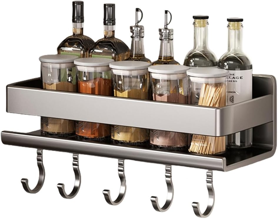 Sturdy Carbon Steel Kitchen Spices Rack Wall Mounted Without Drilling with Hook Daily Casual Use Accessory