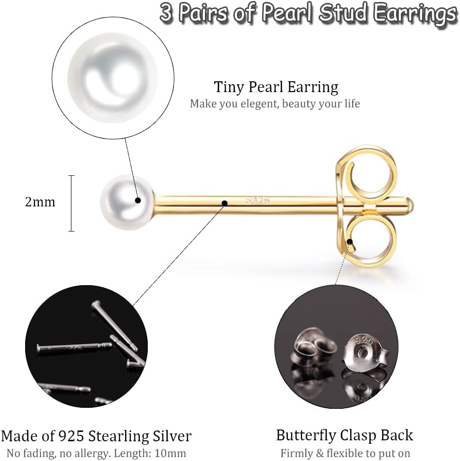 EPIRORA Sterling Silver Stud Earrings for Women- 3 Pairs of 2mm Tiny Ball Stud Earrings Round CZ Cubic Zirconia Earrings Pearl Earrings Set Cartilage Small Tragus Earrings Nose Lip Rings - Image 6