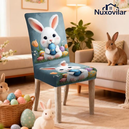 Image of Nuxovilar 6PCS Cute Bunny Pattern Milk Silk Dining Chair Covers | Stretch Slipcover Furniture Protector Bunny Wrap Seat Guard Dining Room Family Gathering Kitchen (Bunny Pattern)